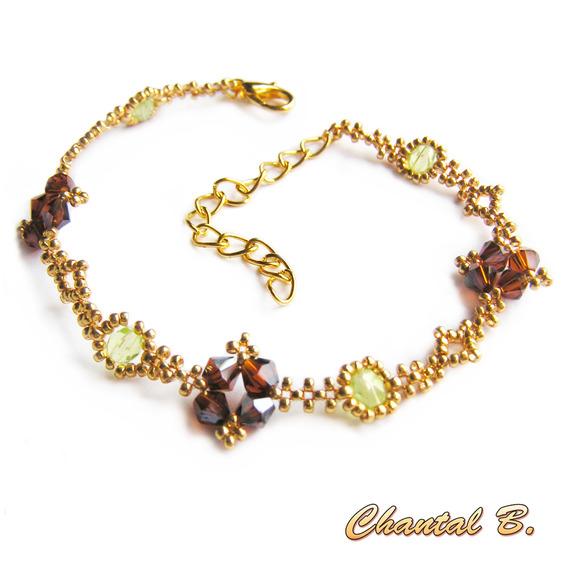 armbånd swarovski vevde perler bronse boheme grønn og gull