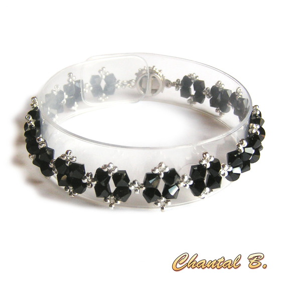 svart swarovski armbånd barokk glans vevde perler swarovski krystall svart og sølv