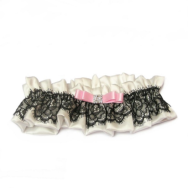 svart silke blonder bryllup str&oslash;mpeb&aring;nd med rosa sl&oslash;yfe