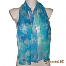long foulard &eacute;charpe mousseline de soie turquoise peint main bleu Oc&eacute;ane accessoire soir&eacute;e