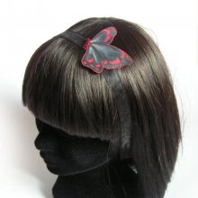 svart blonder panneb&aring;nd med organza blomst og fushia fj&aelig;r h&aring;ndlaget bryllup panneb&aring;nd