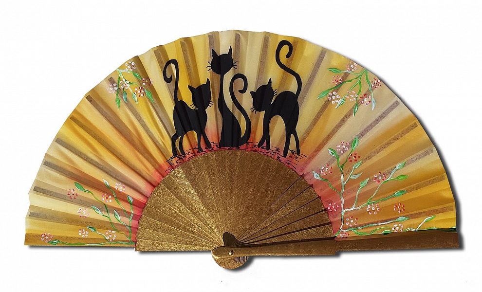 Eventail en soie dessin&eacute; et peint &agrave; la main "Chats fleuris"