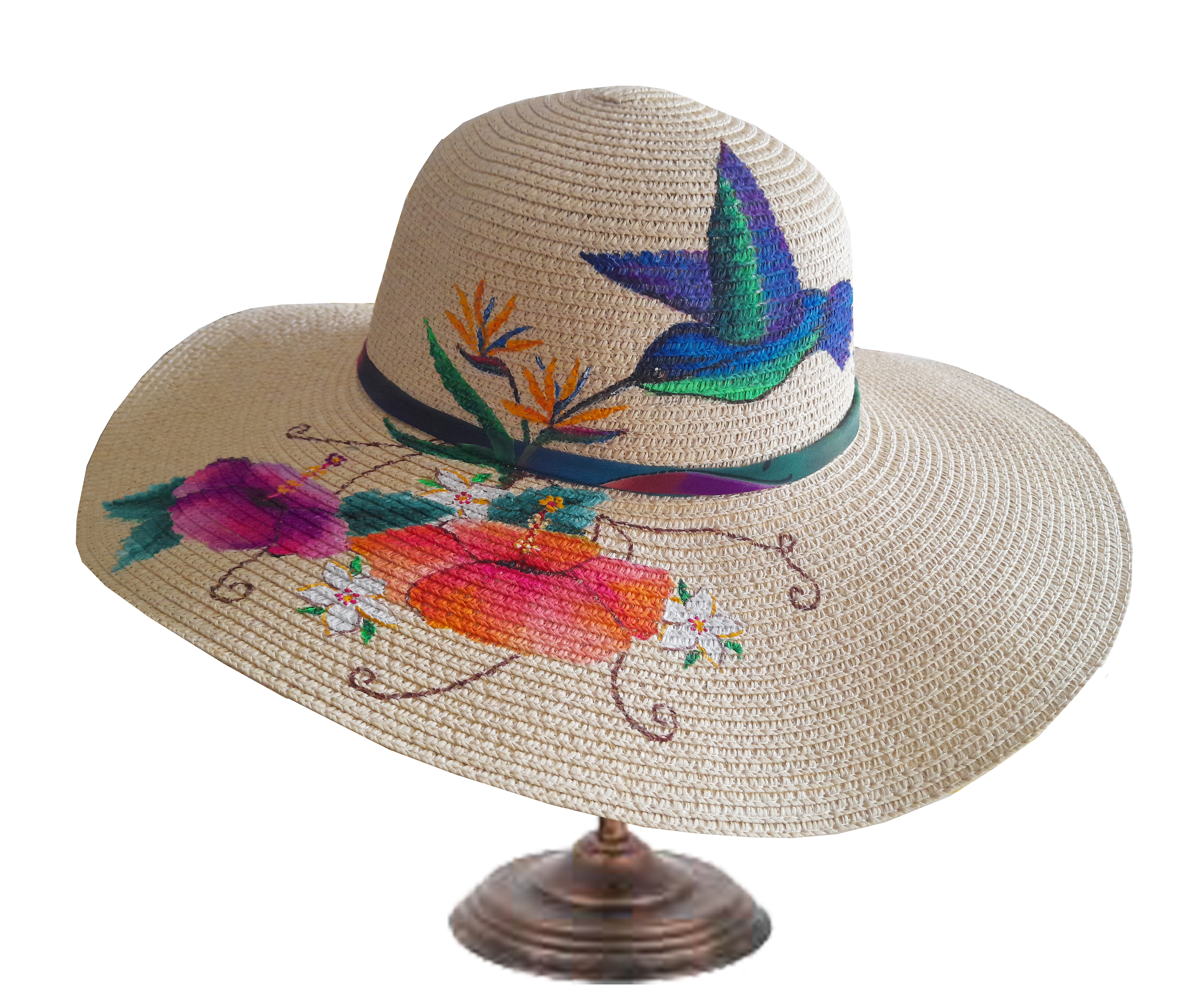 Jolie capeline enti&egrave;rement peinte &agrave; la main, en paille enduite pour une meilleure protection "Colibri"