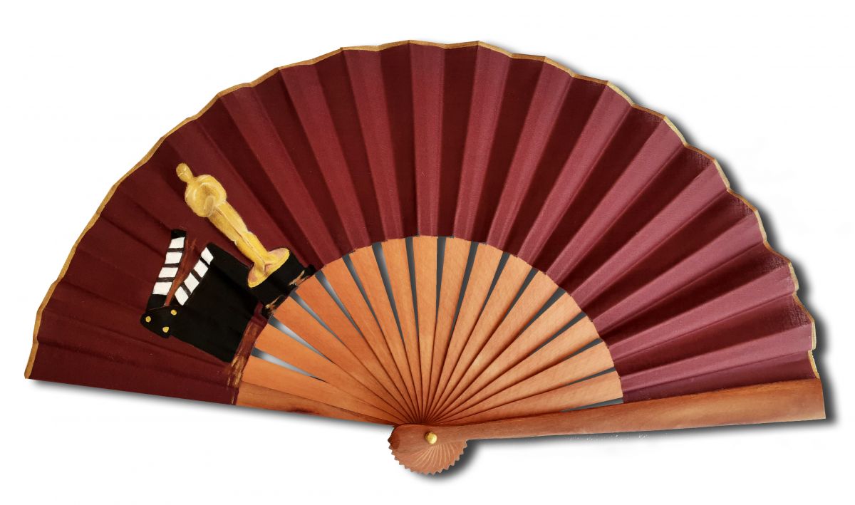  Unisex håndmalt bomullsvifte. "Klappe kino" 19cm