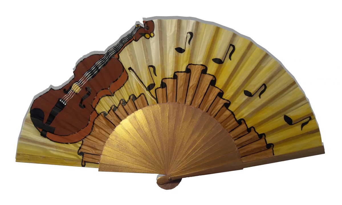 Håndtegnet og håndmalt bomullssatinvifte "Golden Violin".