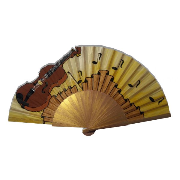 Håndtegnet og håndmalt bomullssatinvifte "Golden Violin".