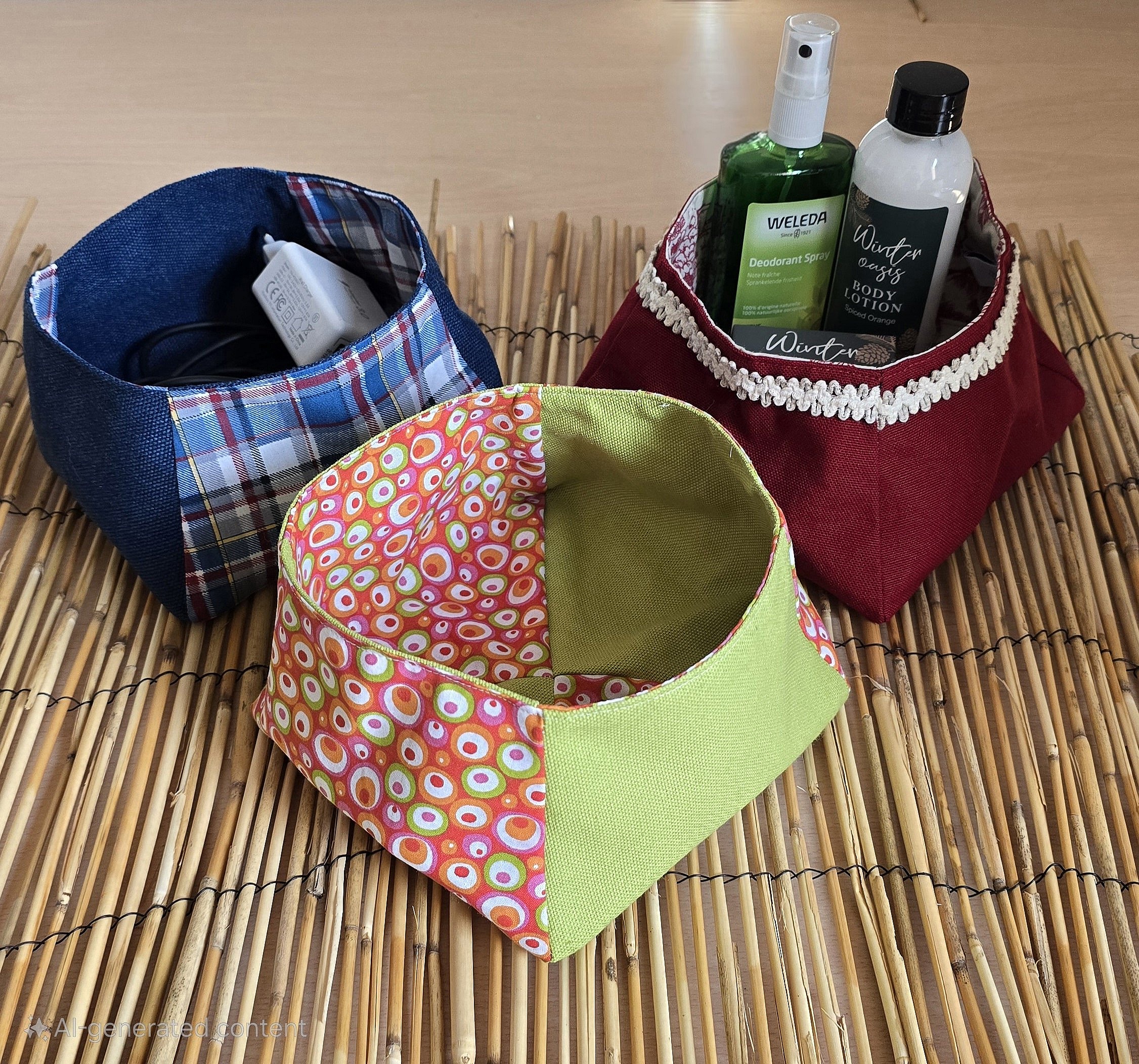 Vide poches en tissu coton &eacute;pais uni et coton imprim&eacute;