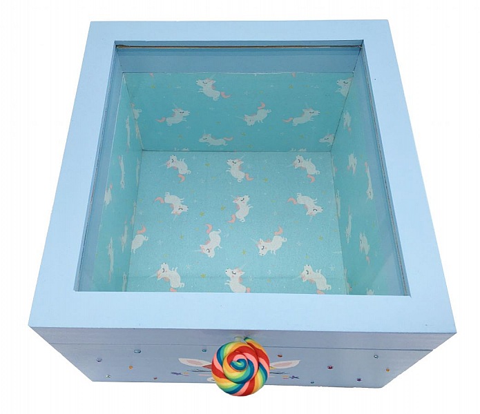 Trekasse med glasslokk. Modell : bl&aring; enhj&oslash;rning