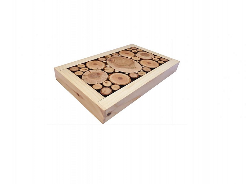 Dessous-de-plat en rondin de bois merisier / prunier, r&eacute;versible en coupelle d&eacute;cor petite feuille grise