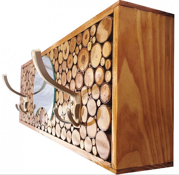 Rektangul&aelig;rt veggmontert klesstativ i kastanjefarget tre, 2 trippel kleskroker og halvm&aring;nespeil. 60x20