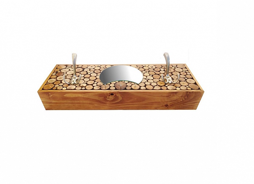 Rektangul&aelig;rt veggmontert klesstativ i kastanjefarget tre, 2 trippel kleskroker og halvm&aring;nespeil. 60x20