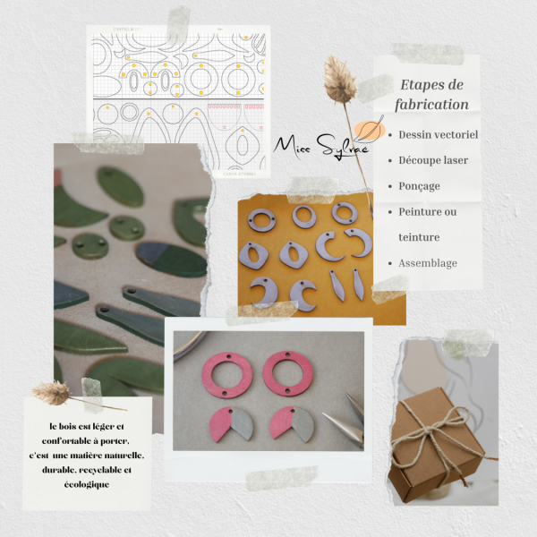 Boucles d'oreilles bois rose pastel sur ovale ajour&eacute; en laiton dor&eacute;