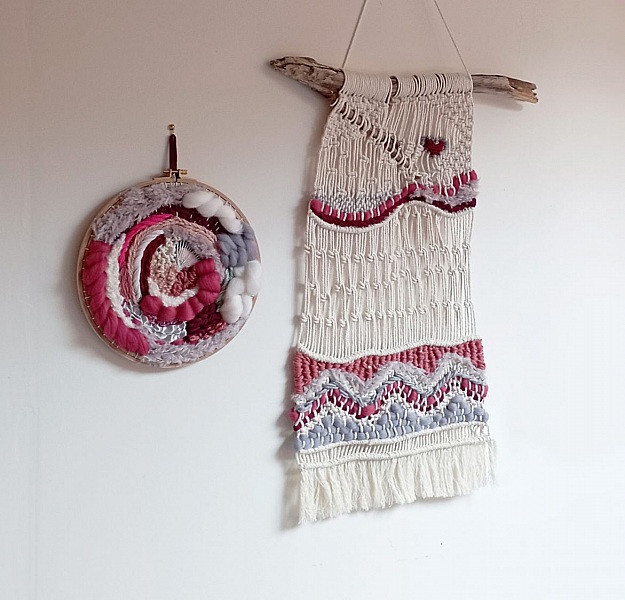 Ensemble de suspensions murales en macram&eacute; tiss&eacute; et tissage circulaire assorti