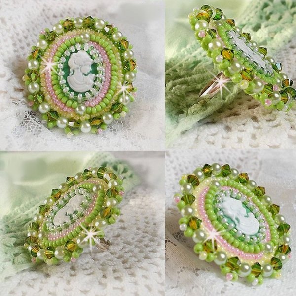 Anisse ring brodert med en harpiks cabochon portrett av en kvinne med roser og Swarovski-krystaller