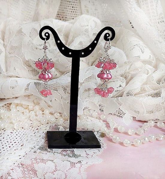 BO C&oelig;ur de Quartz cr&eacute;&eacute;es avec fleurs et perles, dormeuses laitons, perles Cristal Swarovski