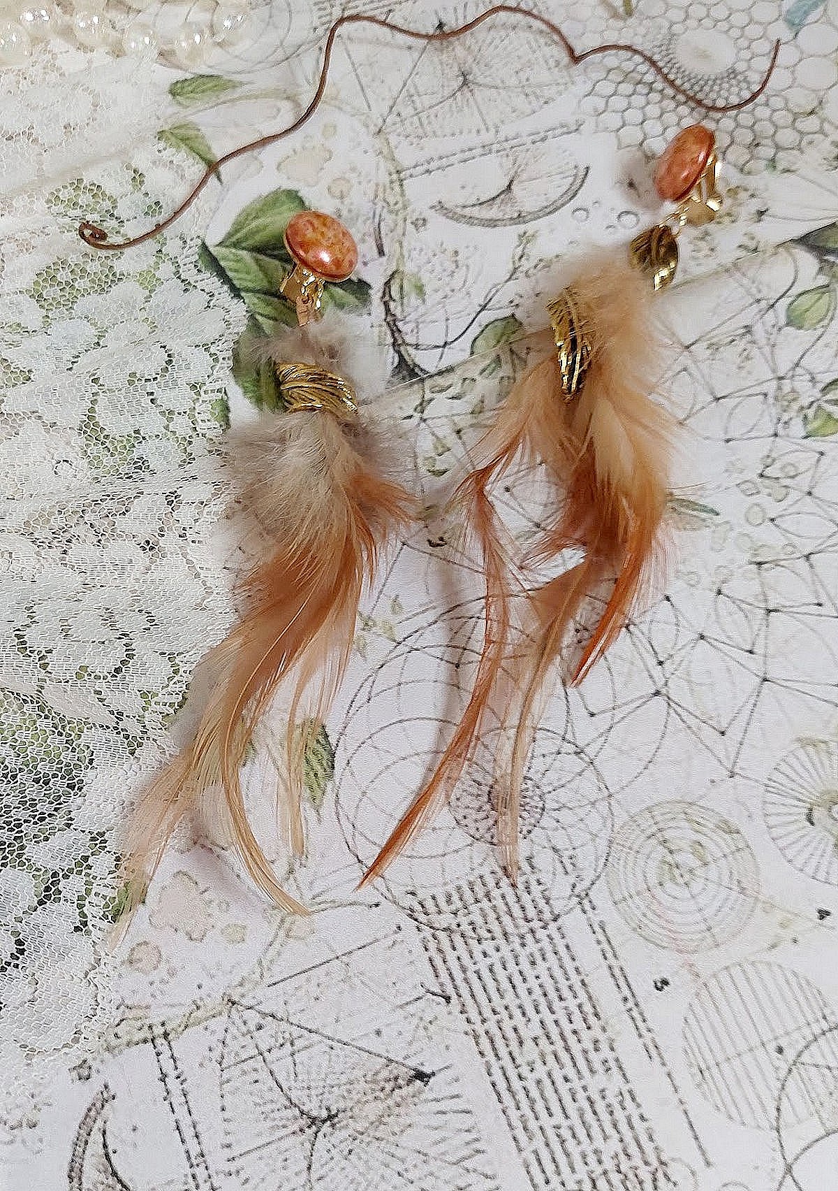 BO Grandes Plumes Ambre mont&eacute;es avec des plumes de Coq trois tons, breloques feuilles torsad&eacute;esl, cabochons en Verre et clips d&rsquo;oreilles en laiton