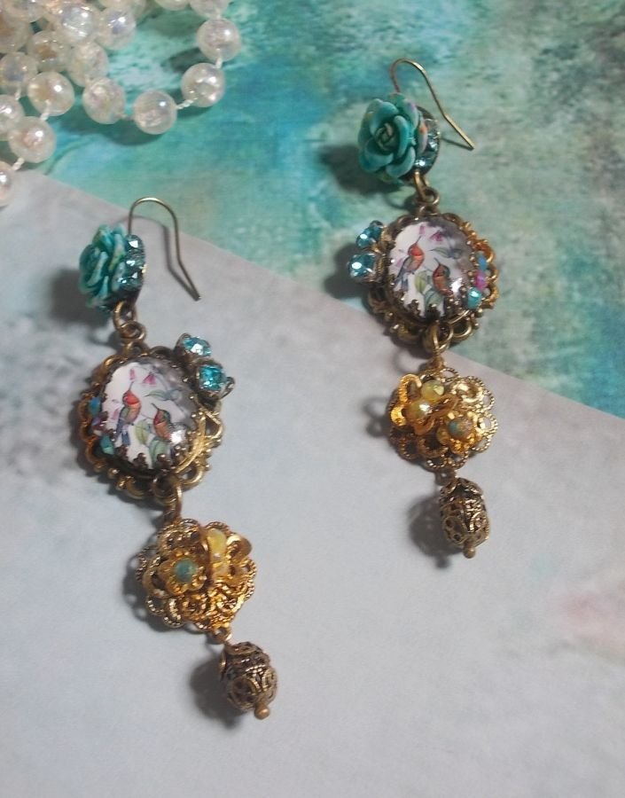 BO Jardin des Colibris avec des cabochons loupe, des accessoires de couleur Bronze et de la poudre d'Or