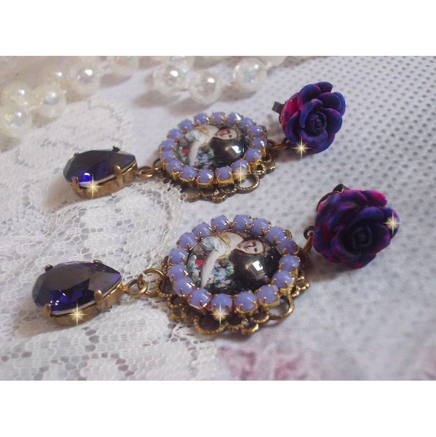 BO La Lavendière skapt med forstørrelsesglass cabochons, PureCrystal krystaller, harpiks cabochons, gullbelagt og bronsefarget messing tilbehør