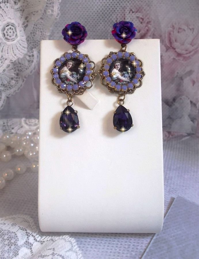 BO La Lavendière skapt med forstørrelsesglass cabochons, PureCrystal krystaller, harpiks cabochons, gullbelagt og bronsefarget messing tilbehør