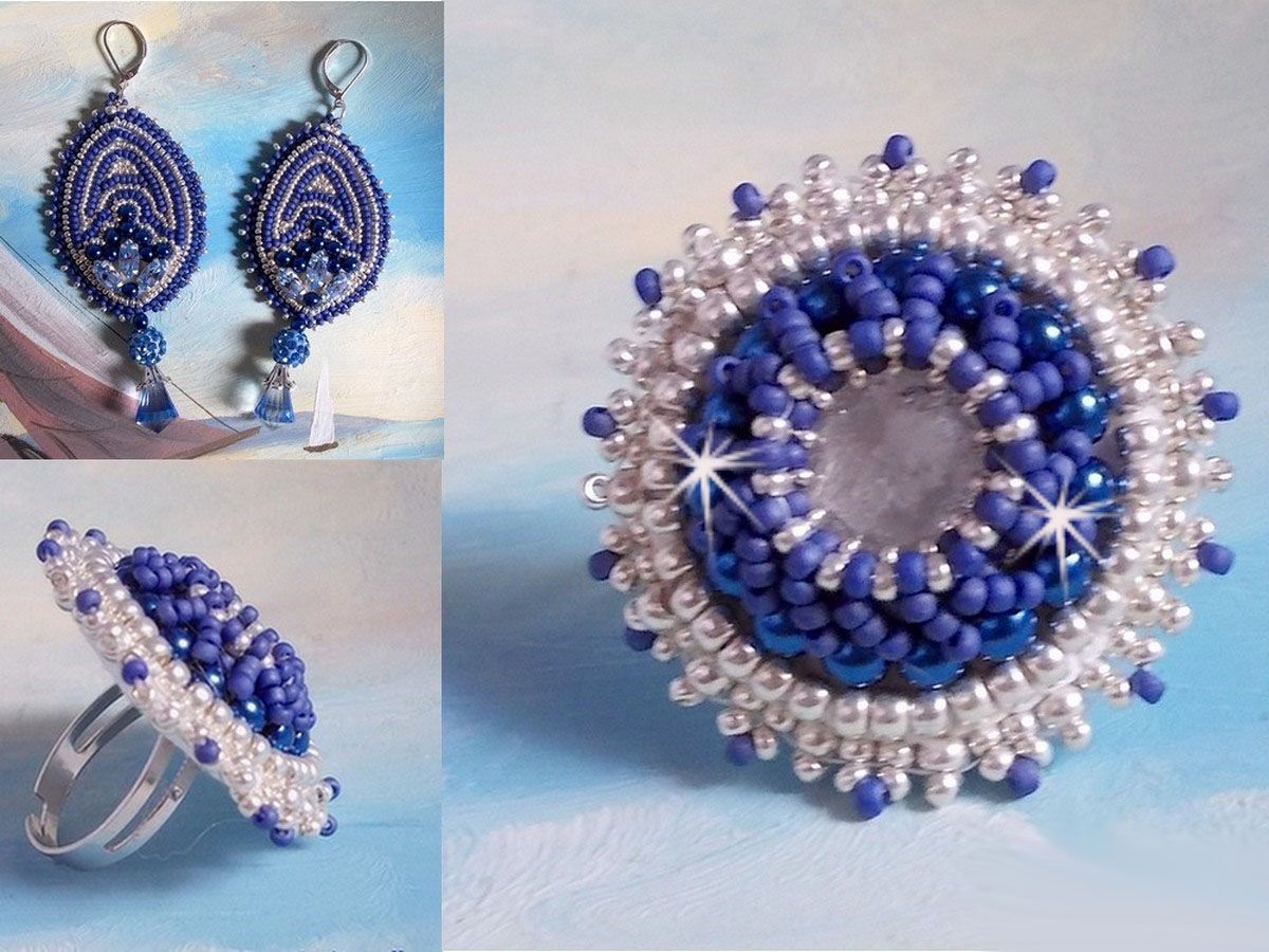 BO Marine Blue brodert med Swarovski-krystaller, runde glassperler og Miyuki seed perler