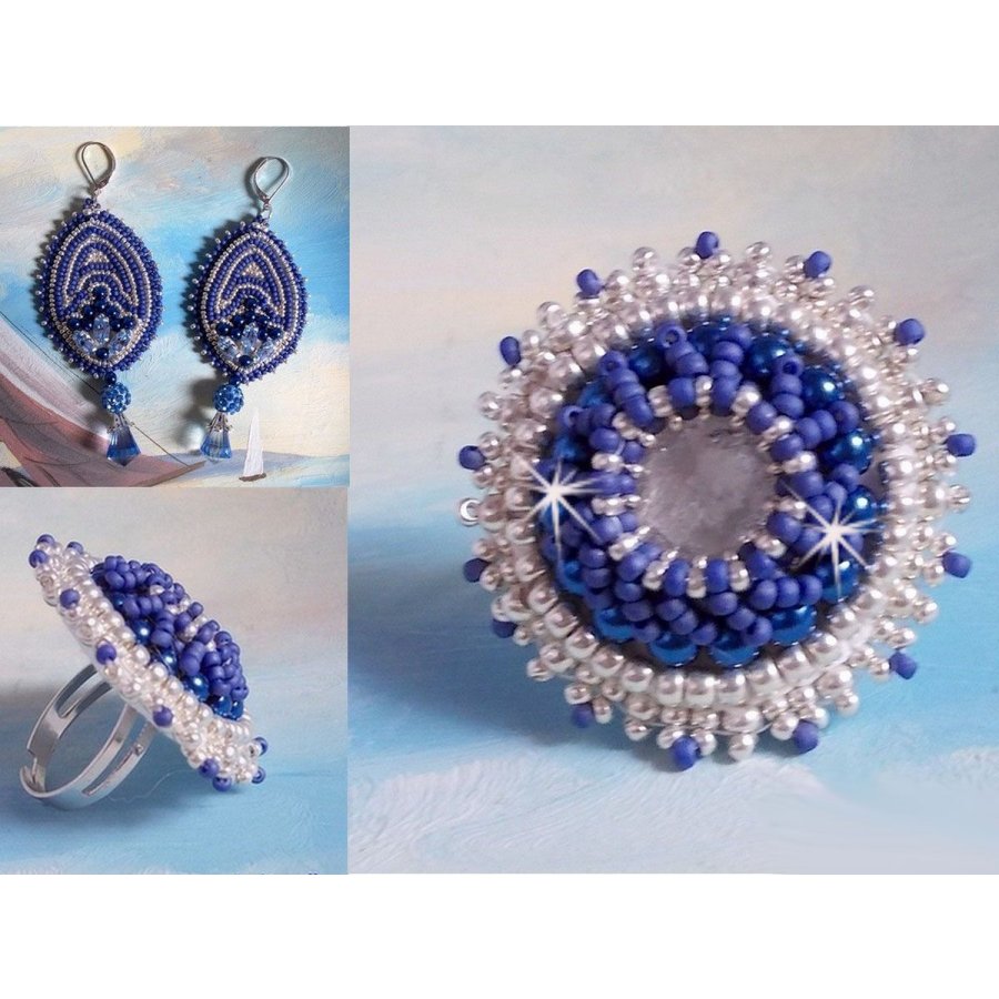 BO Marine Blue brodert med Swarovski-krystaller, runde glassperler og Miyuki seed perler