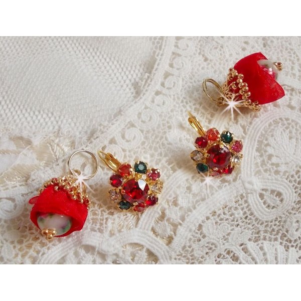 BO Mia brodert med Swarovski-krystaller, oransje zirkoniumstener, Fimo-perler og fr&oslash;perler.