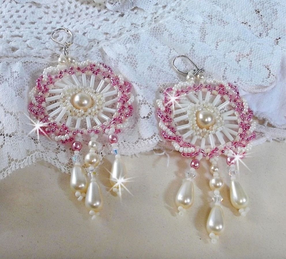 BO Détente montert med Ivory runde perler og perledråper, Antique rosa seed perler og 925 sølv sviller