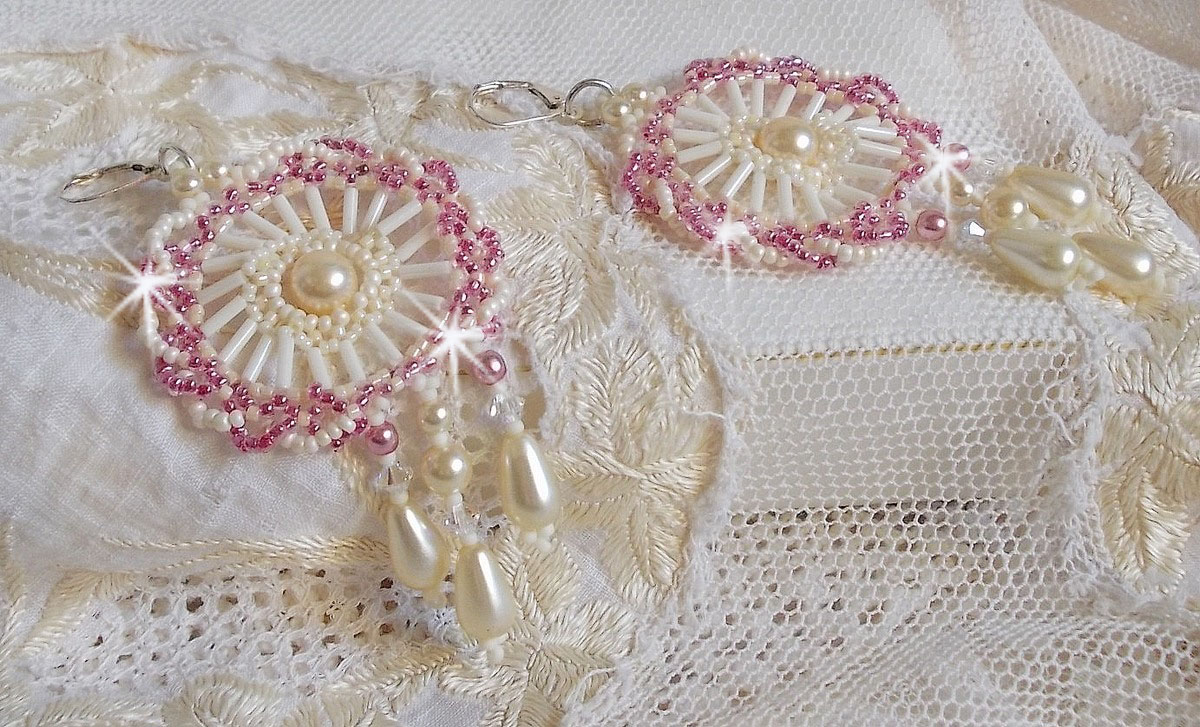 BO Détente montert med Ivory runde perler og perledråper, Antique rosa seed perler og 925 sølv sviller