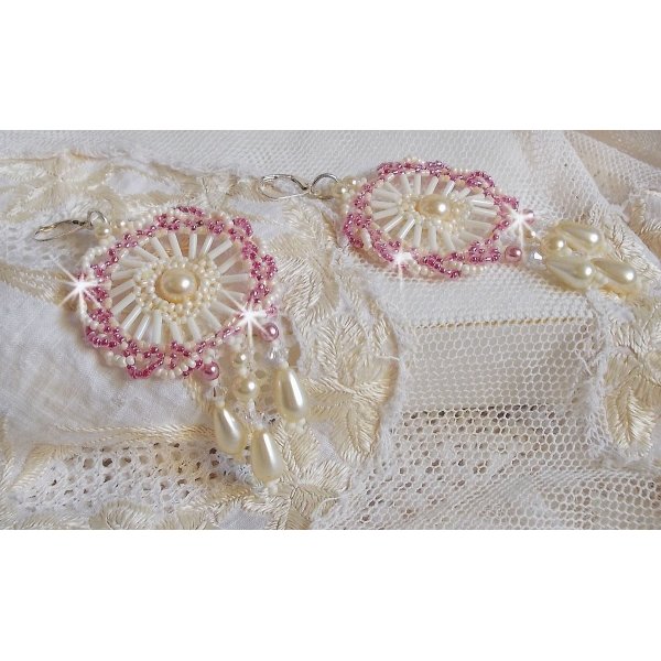BO Détente montert med Ivory runde perler og perledråper, Antique rosa seed perler og 925 sølv sviller