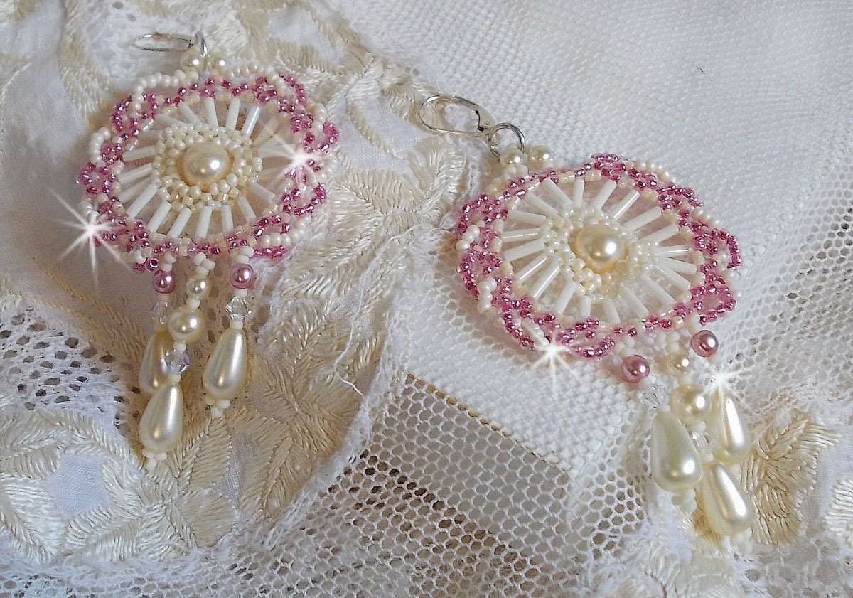BO Détente montert med Ivory runde perler og perledråper, Antique rosa seed perler og 925 sølv sviller