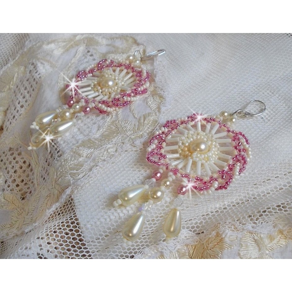 BO Détente montert med Ivory runde perler og perledråper, Antique rosa seed perler og 925 sølv sviller