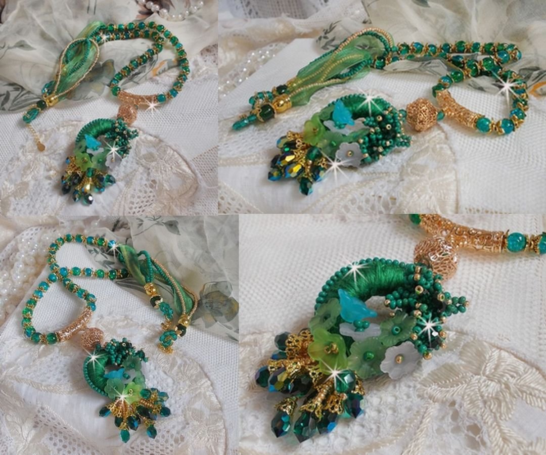 Green Iris halskjede brodert med smaragdgrønn DMC-bomull, Swarovski-krystaller, harpiksperler og frøperler