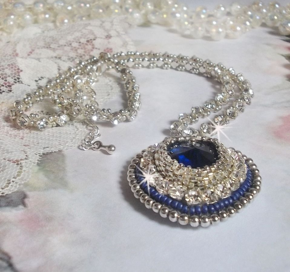 Blue Sapphire halskjede med Swarovski krystall hjerte, Miyuki sølv seed perler, rammer, 925/1000 sølv lås og forlengelseskjede