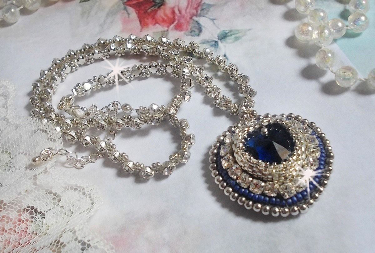 Blue Sapphire halskjede med Swarovski krystall hjerte, Miyuki sølv seed perler, rammer, 925/1000 sølv lås og forlengelseskjede