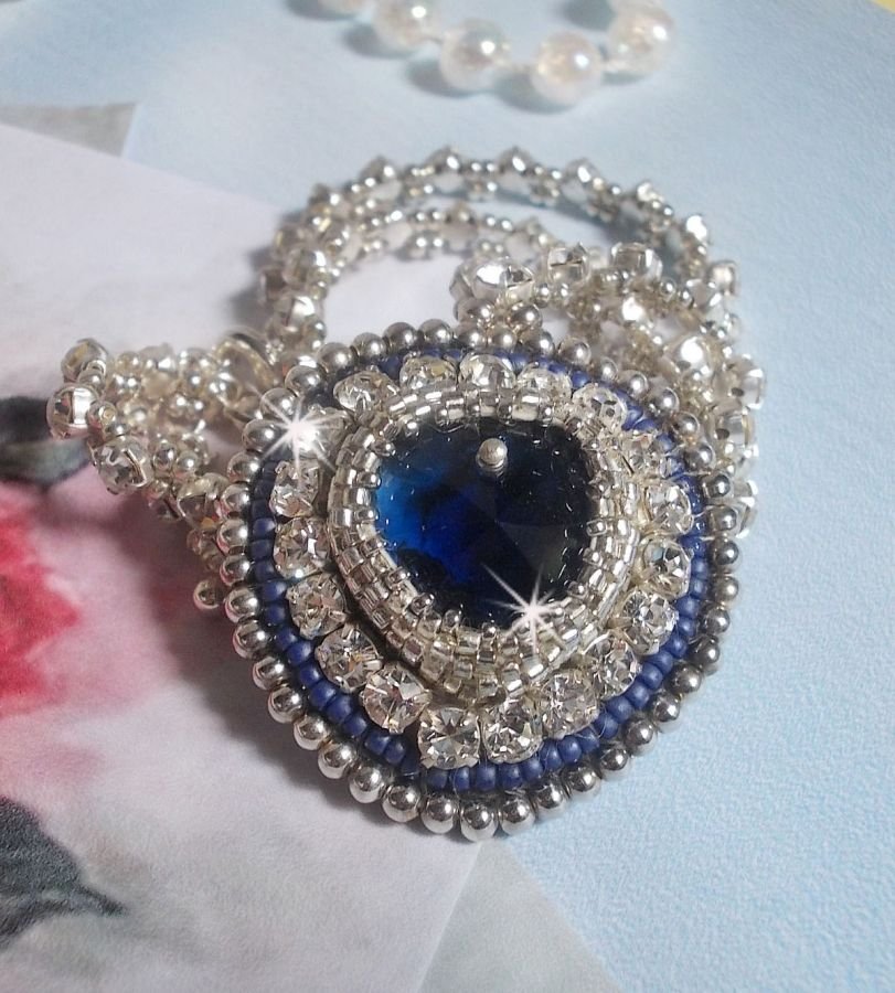 Blue Sapphire halskjede med Swarovski krystall hjerte, Miyuki sølv seed perler, rammer, 925/1000 sølv lås og forlengelseskjede