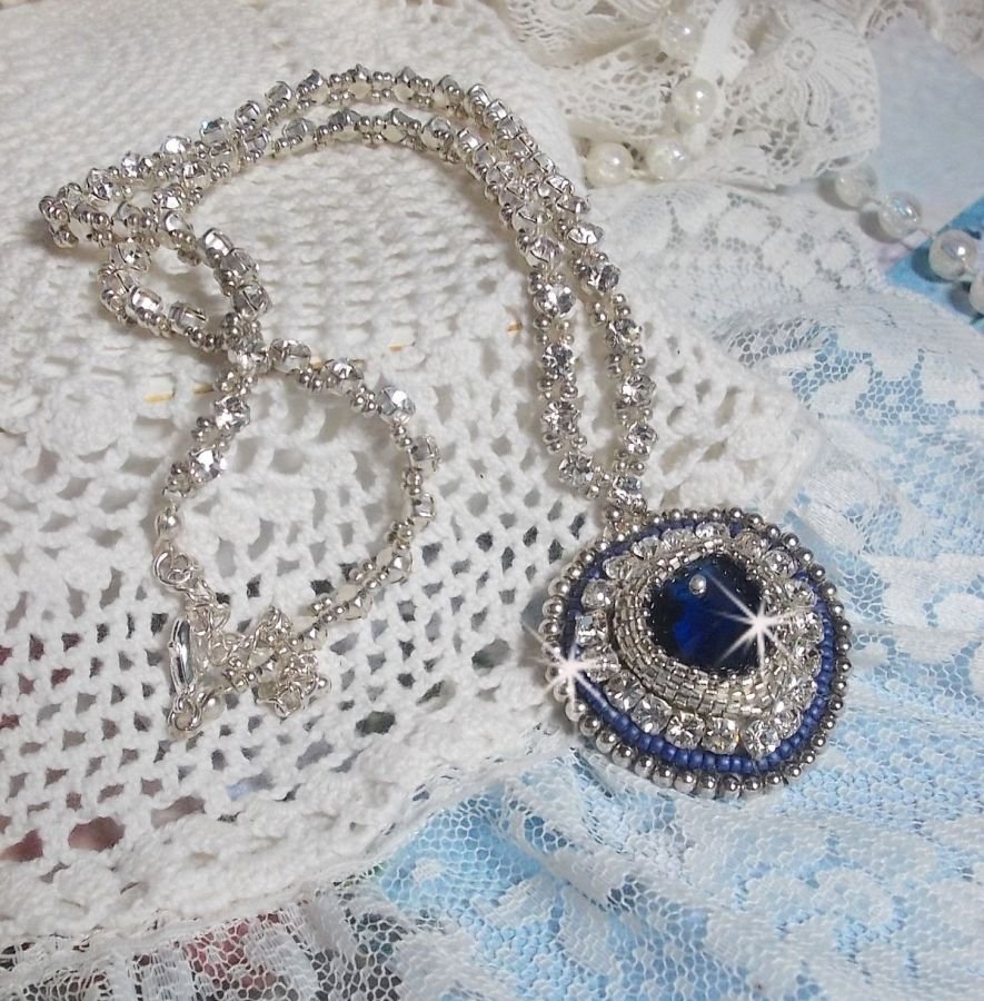Blue Sapphire halskjede med Swarovski krystall hjerte, Miyuki sølv seed perler, rammer, 925/1000 sølv lås og forlengelseskjede