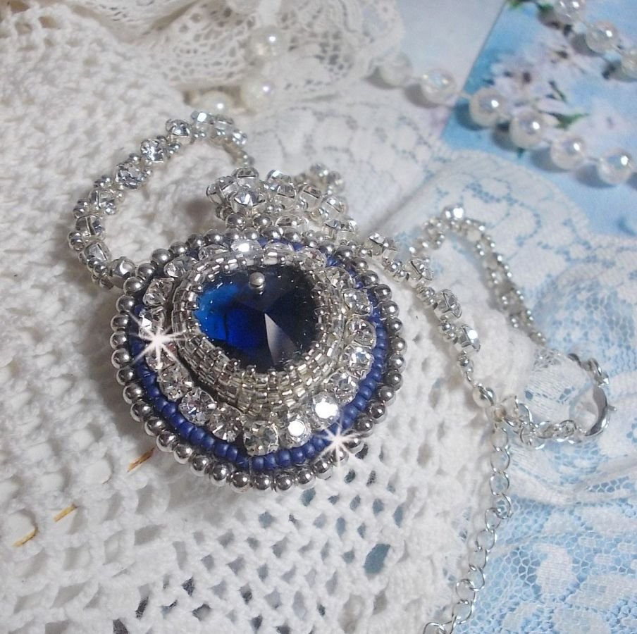 Blue Sapphire halskjede med Swarovski krystall hjerte, Miyuki sølv seed perler, rammer, 925/1000 sølv lås og forlengelseskjede