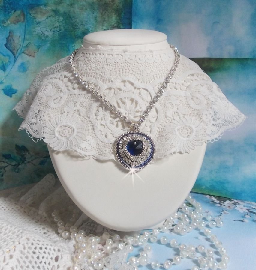 Blue Sapphire halskjede med Swarovski krystall hjerte, Miyuki sølv seed perler, rammer, 925/1000 sølv lås og forlengelseskjede