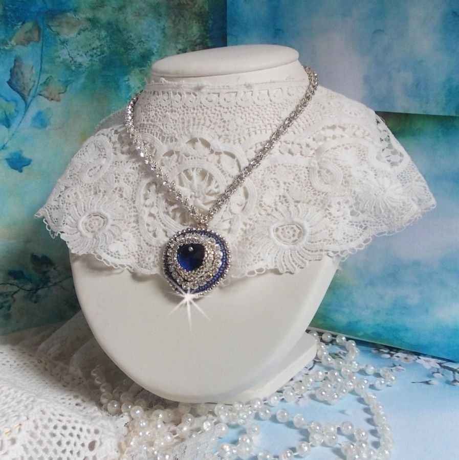 Blue Sapphire halskjede med Swarovski krystall hjerte, Miyuki sølv seed perler, rammer, 925/1000 sølv lås og forlengelseskjede