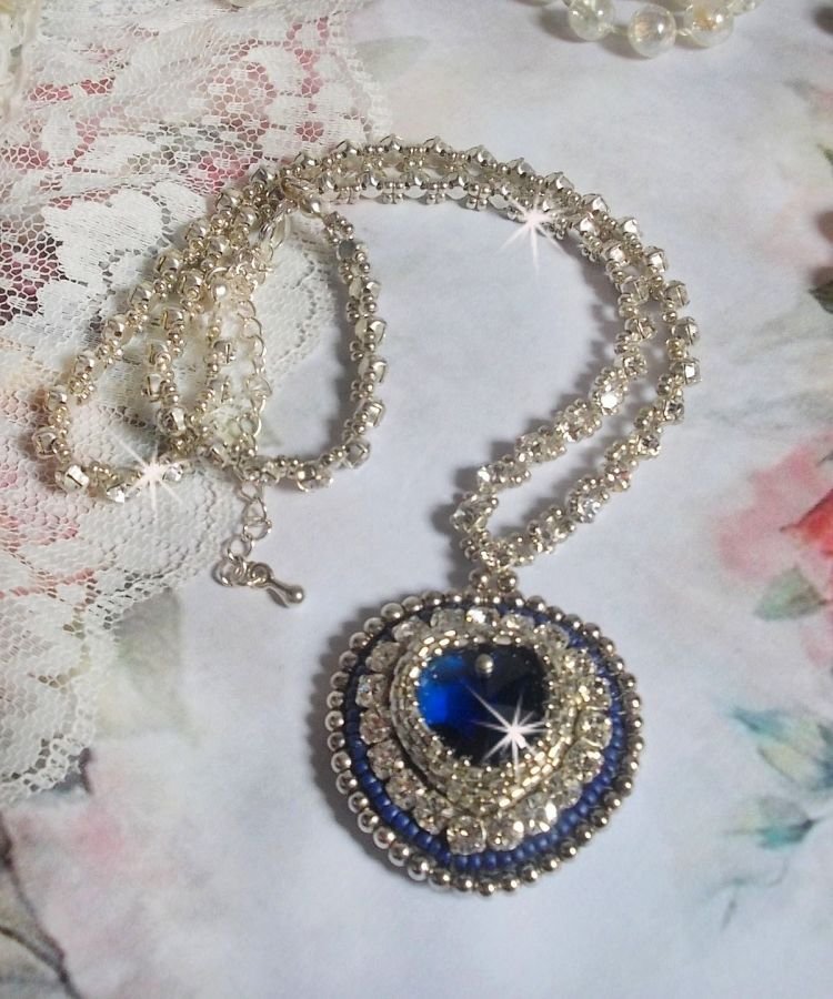 Blue Sapphire halskjede med Swarovski krystall hjerte, Miyuki sølv seed perler, rammer, 925/1000 sølv lås og forlengelseskjede