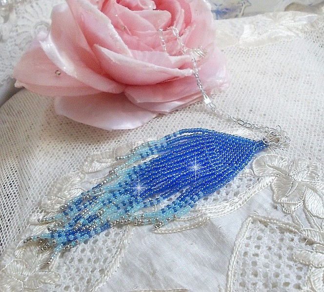 Soft Blue Dreams anheng laget med himmelbl&aring;, safir, s&oslash;lv kvalitet seed perler med 925/1000 sterling s&oslash;lv tilbeh&oslash;r