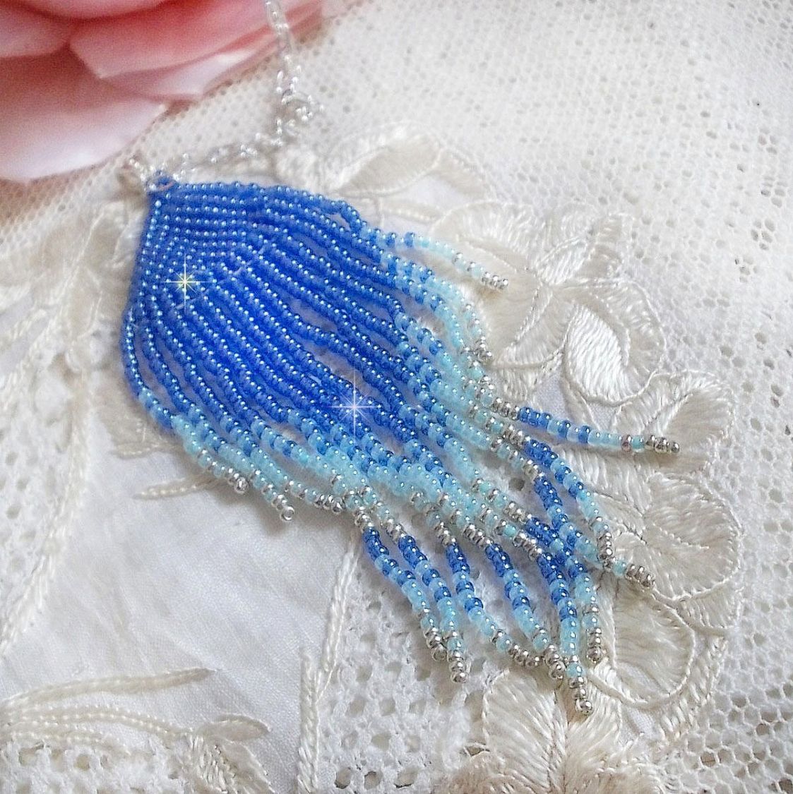 Soft Blue Dreams anheng laget med himmelblå, safir, sølv kvalitet seed perler med 925/1000 sterling sølv tilbehør