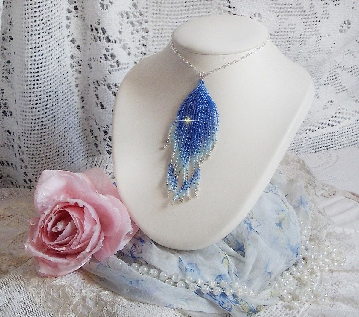 Soft Blue Dreams anheng laget med himmelblå, safir, sølv kvalitet seed perler med 925/1000 sterling sølv tilbehør