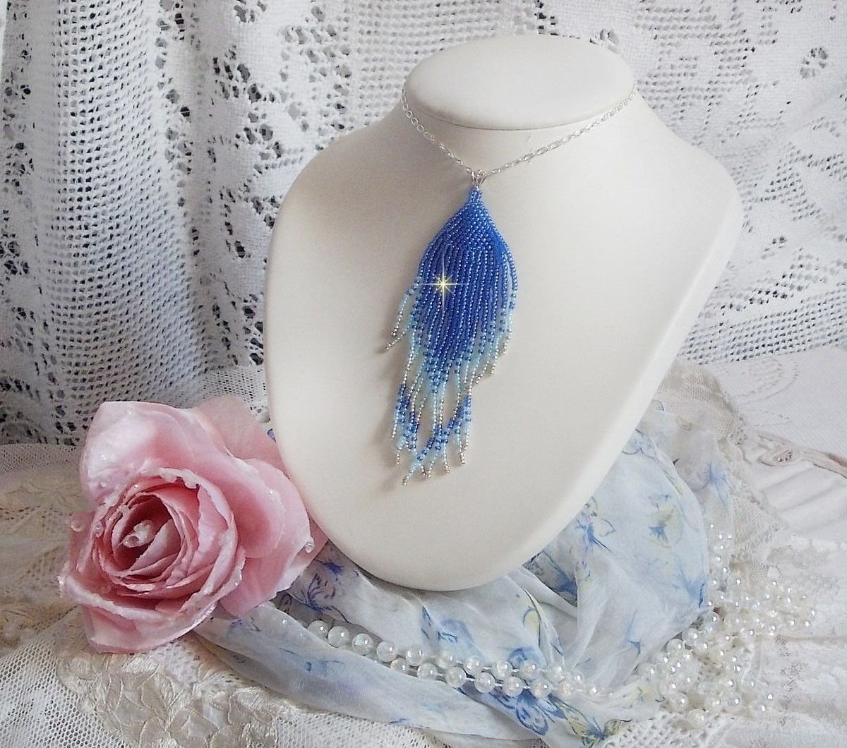 Soft Blue Dreams anheng laget med himmelblå, safir, sølv kvalitet seed perler med 925/1000 sterling sølv tilbehør