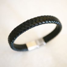 Flettet svart lærrem for menn med magnetisk stållås og glidelås