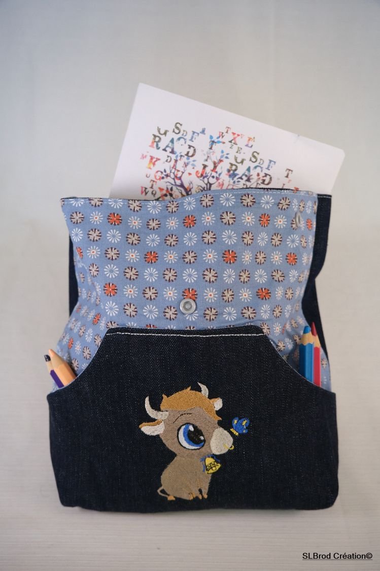 Brodert ryggsekk for barn med jeans-okse, kan tilpasses