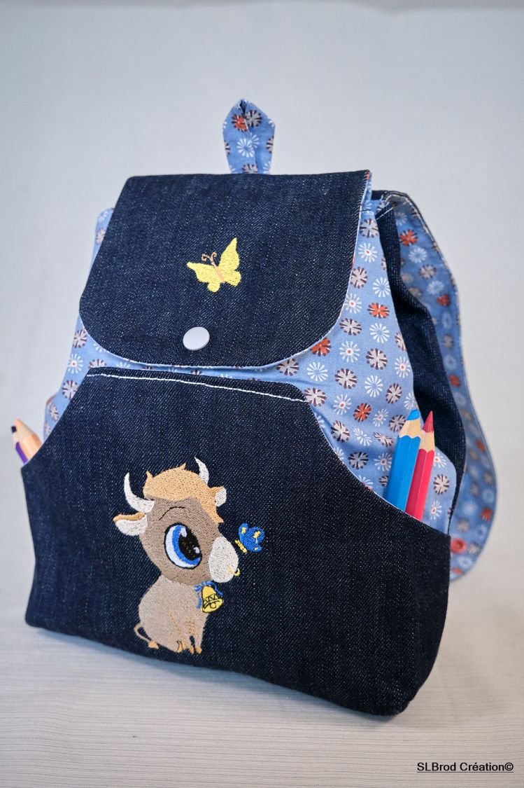 Brodert ryggsekk for barn med jeans-okse, kan tilpasses